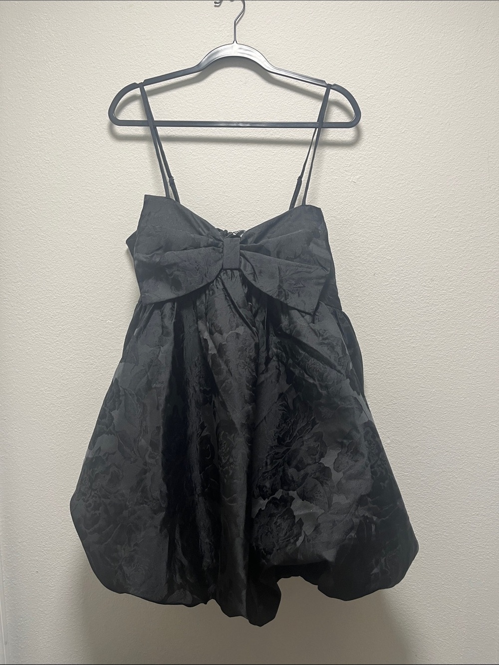 Coquettish Charm Black Bubble-Hem Bow Mini Dress With Pockets (XL)